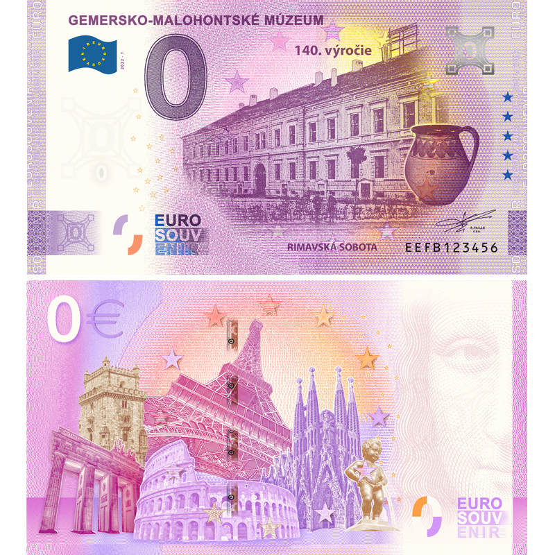 Suvenírová 0 euro bankovka - rub a líce. Na lícnej strane bankovky je názov Gemersko-malohontské múzeum, budova múzea z roku 1900 a hlinený hrniec.